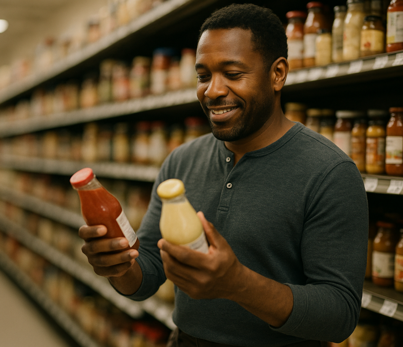 Man comparing two bottled products while shopping in a grocery aisle.