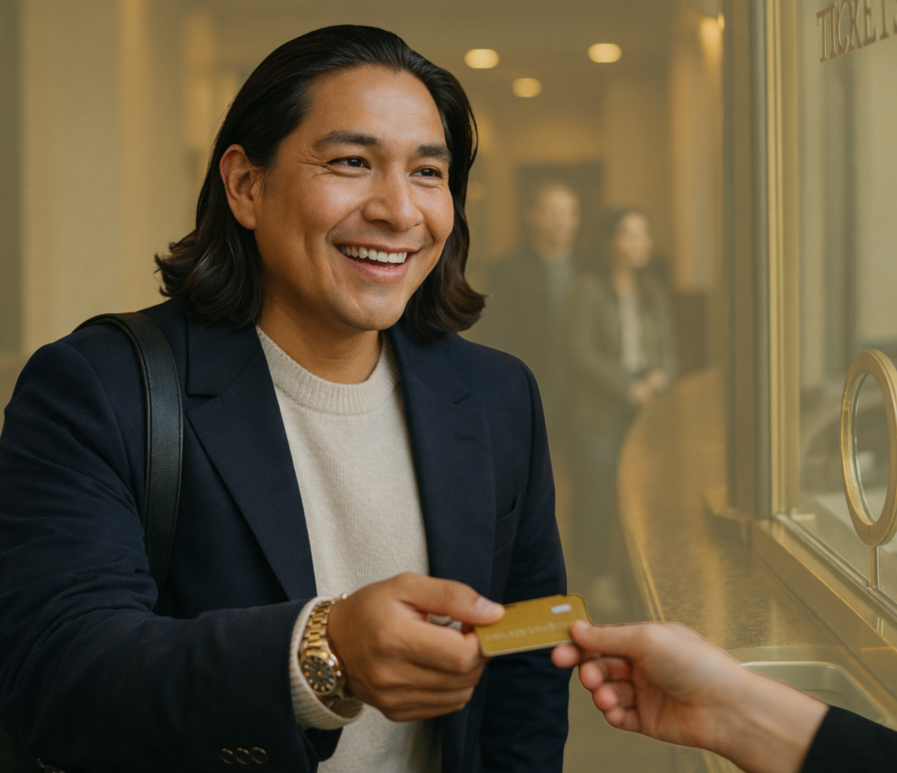 Person using a card at a payment window while smiling.