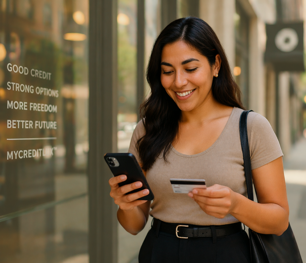 Woman checking a phone and holding a payment card outside a storefront.