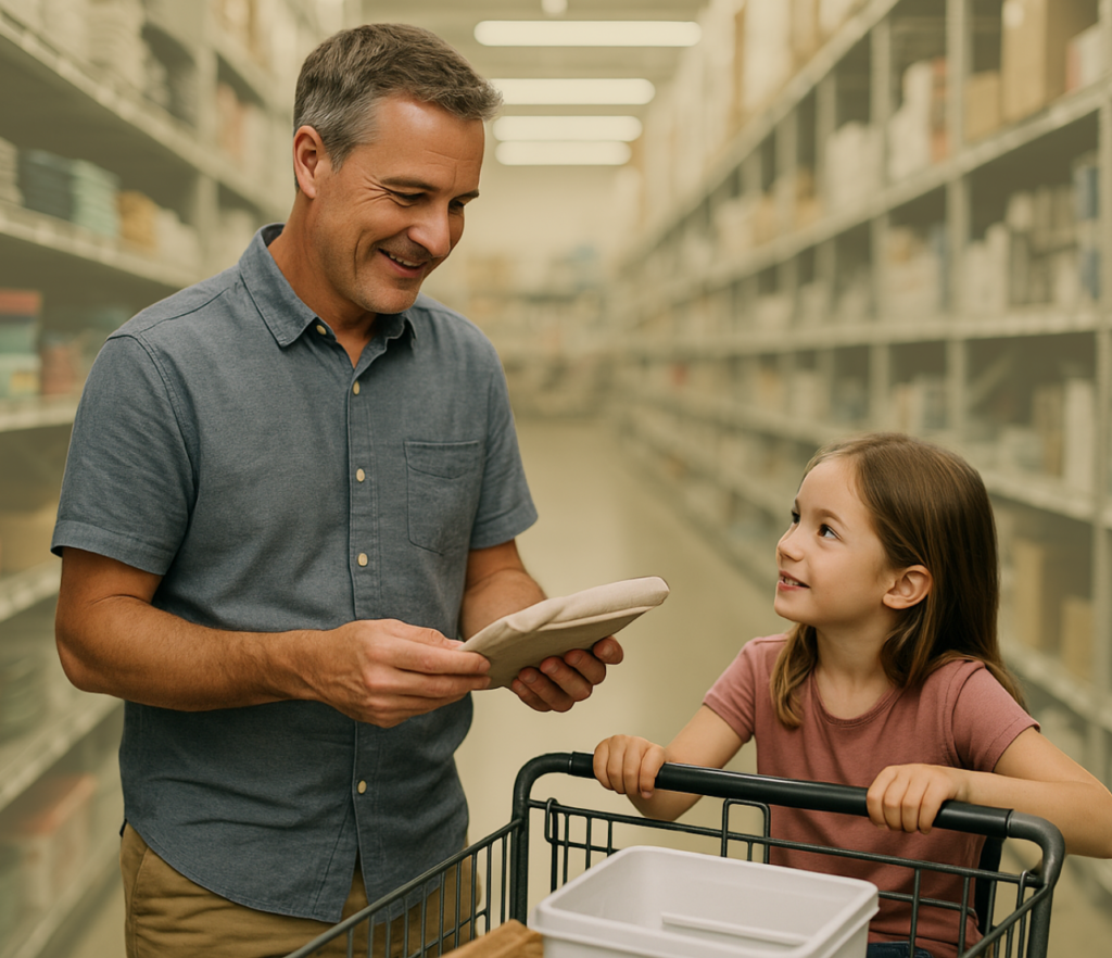 Man reviewing a paper while shopping with a child in a store aisle.