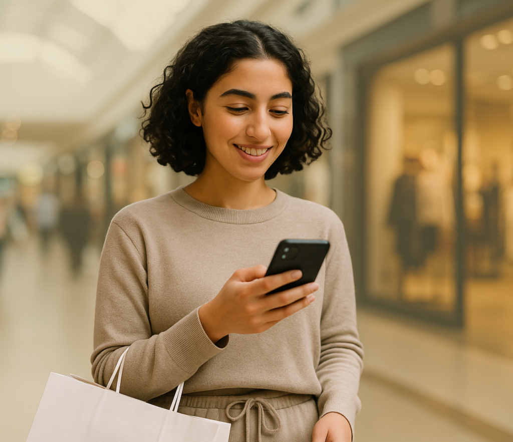 Woman holding a phone and shopping bag while checking something in a mall.