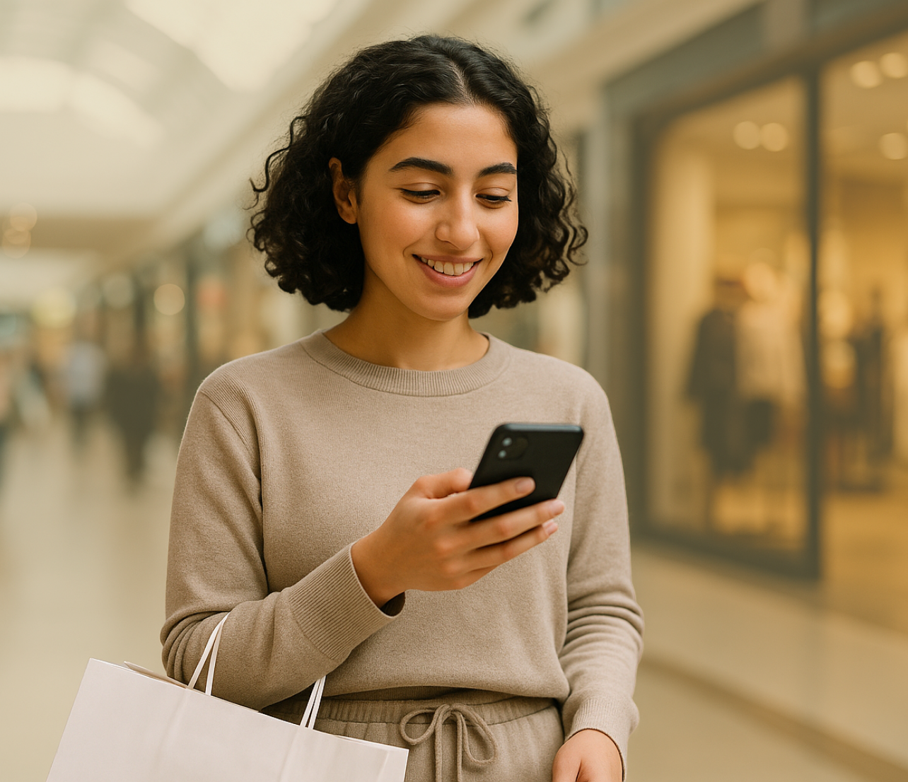 Woman holding a phone and shopping bag while checking something in a mall.