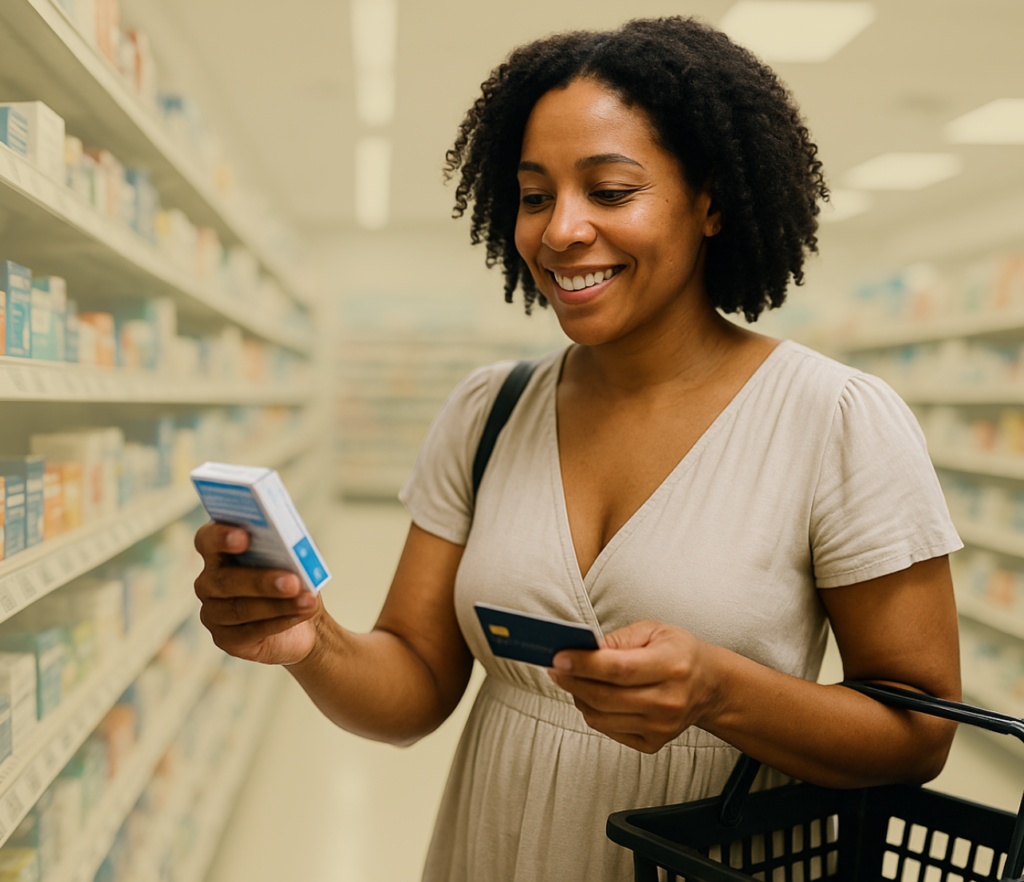Woman comparing a product while holding a card in a store aisle.