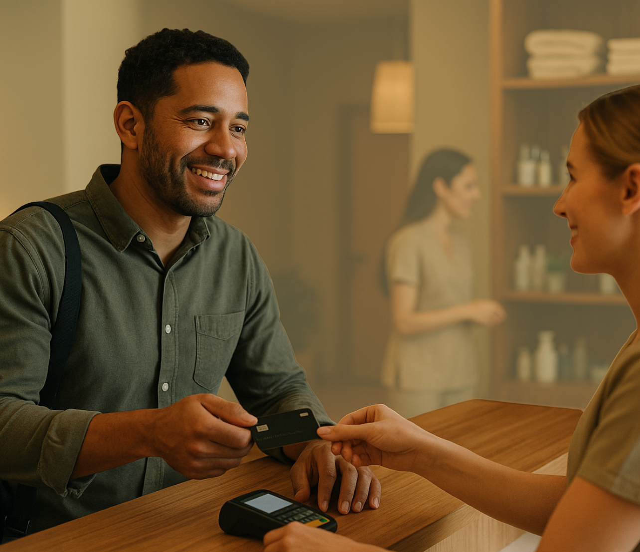 Man handing a payment card to a cashier at a counter.
