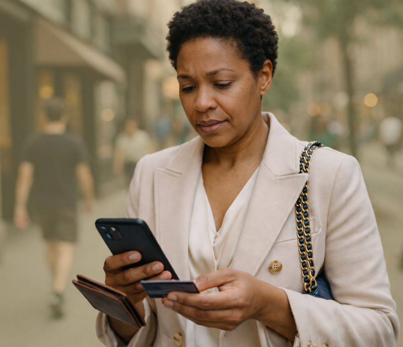 Woman checking a phone while holding a payment card and wallet on a city street.