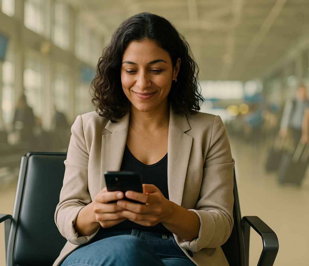 Woman sitting in an airport seating area while using a phone.