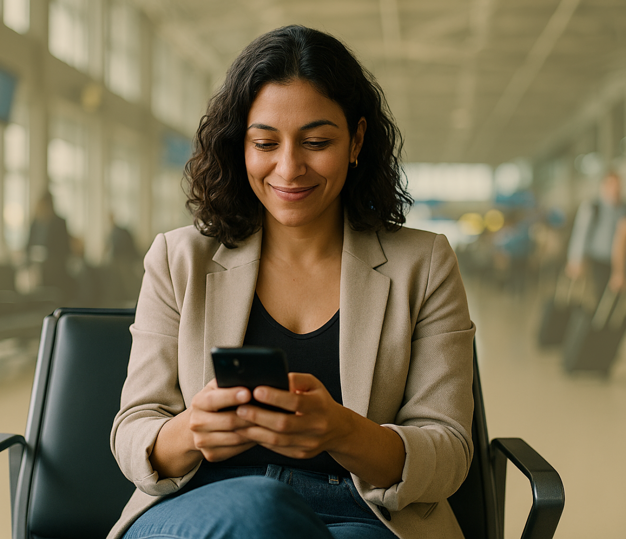 Woman sitting in an airport seating area while using a phone.