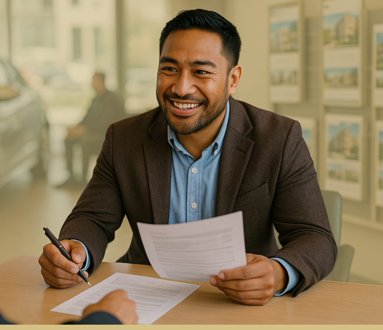 Man reviewing paperwork across a desk during a meeting.