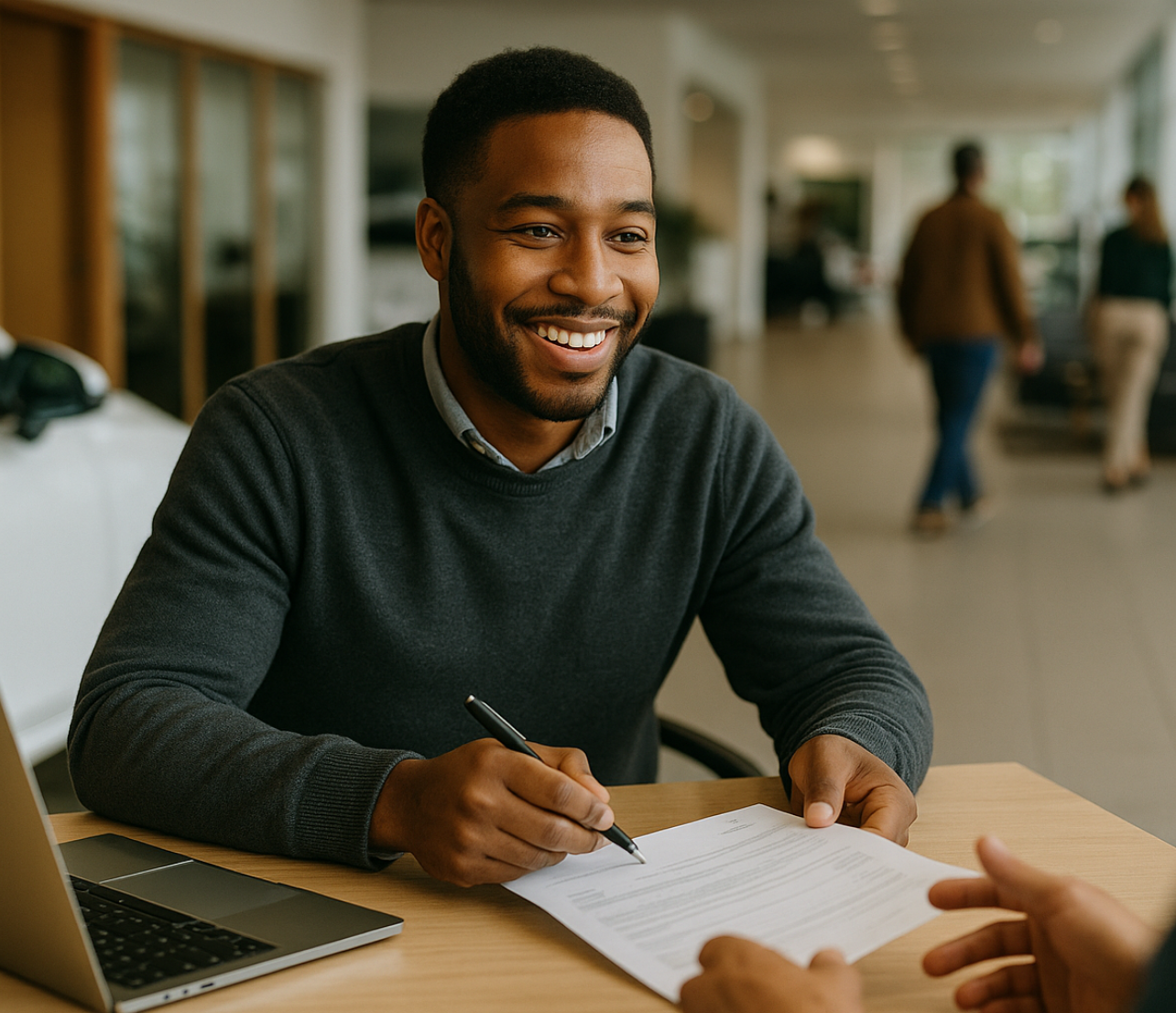 Man smiling while signing paperwork at a desk with another person.