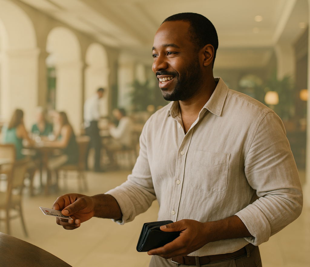 Man holding a payment card and wallet while standing at a counter.