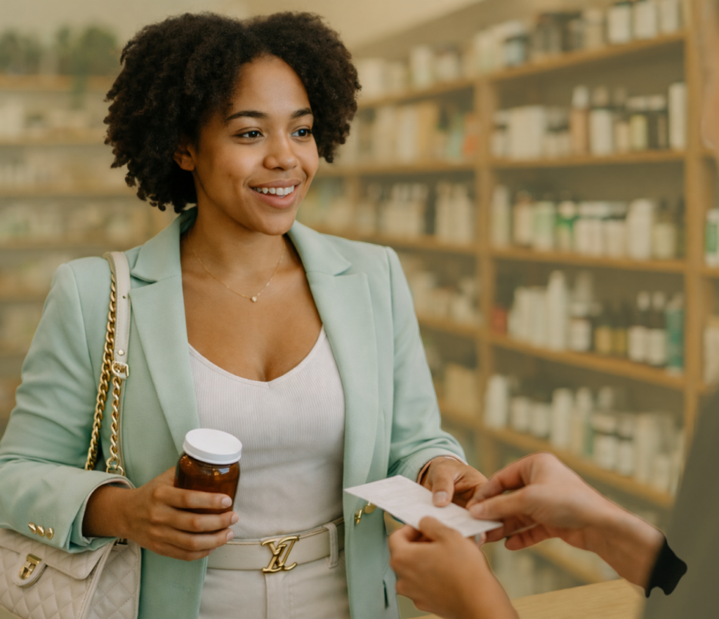 Woman receiving a receipt while holding a bottle in a store.