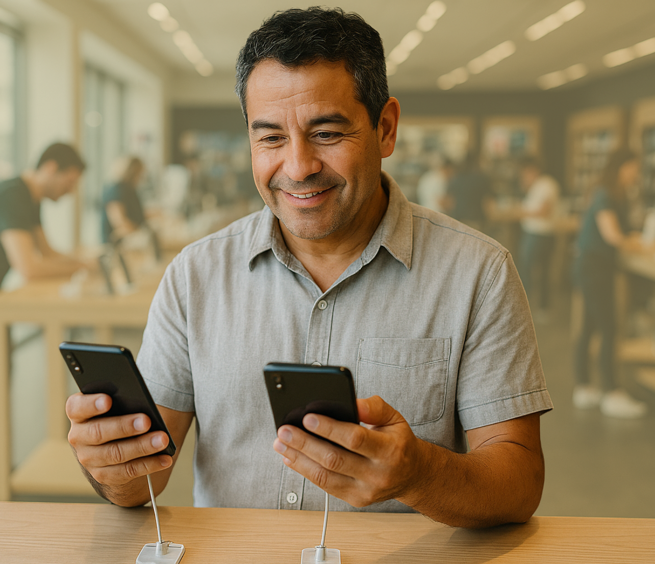 Person comparing two smartphones on a retail counter.