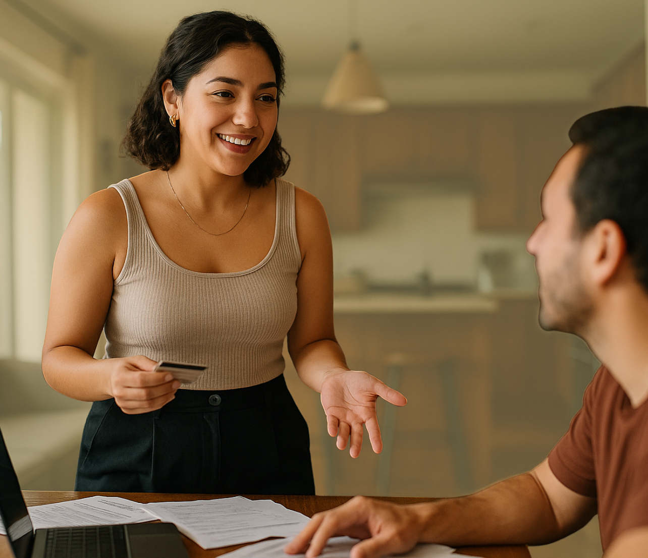 Woman holding a payment card while talking across a table with paperwork nearby.