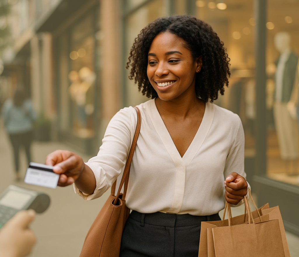 Woman handing over a payment card while carrying shopping bags outside a storefront.