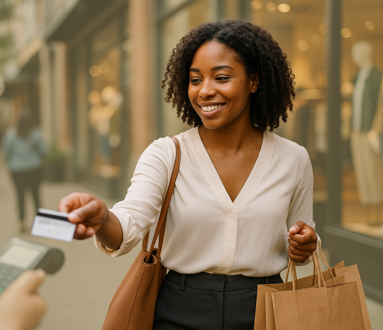 Woman handing over a payment card while carrying shopping bags outside a storefront.