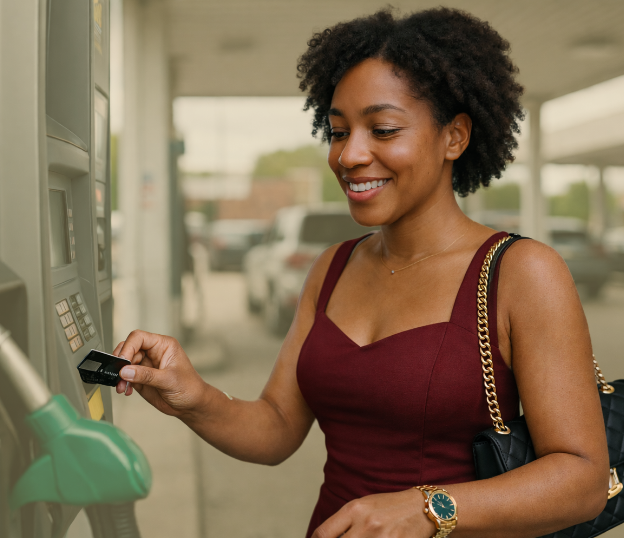 Woman paying at a gas pump with a card while carrying a handbag.