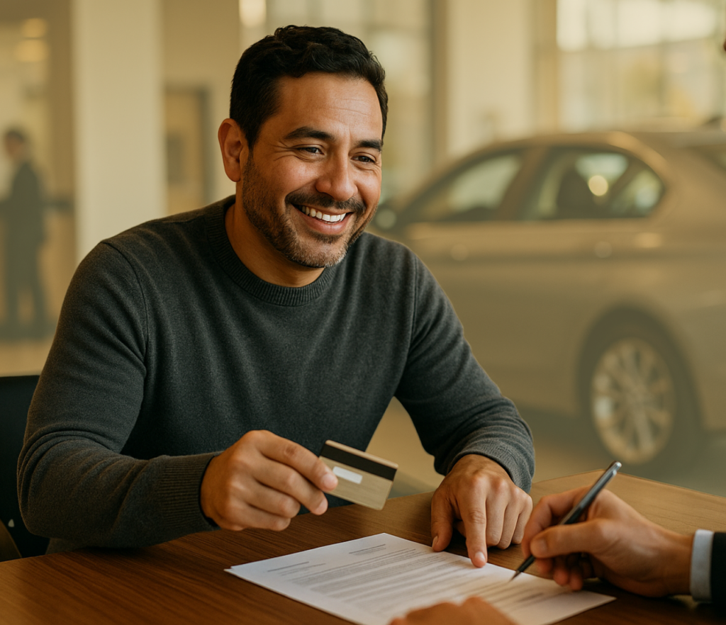 Man holding a payment card while sitting across a desk with paperwork in front of him.
