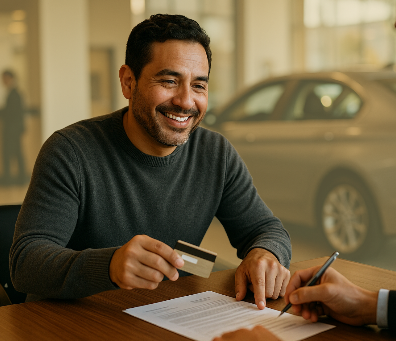 Man holding a payment card while sitting across a desk with paperwork in front of him.