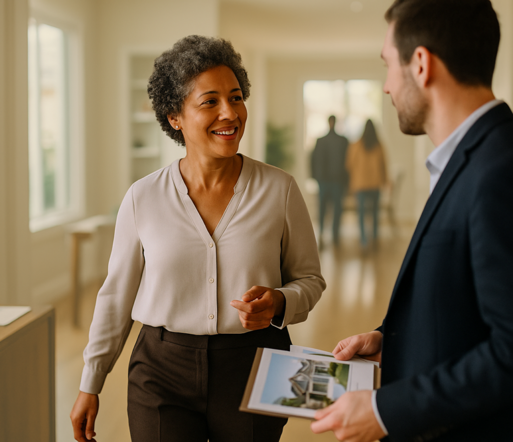Woman speaking with a man indoors while holding a payment card.