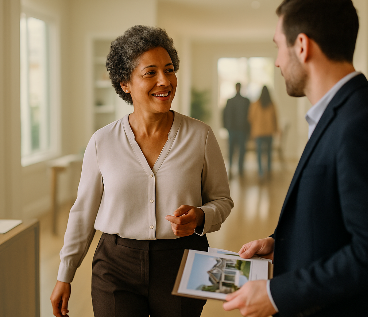 Woman speaking with a man indoors while holding a payment card.