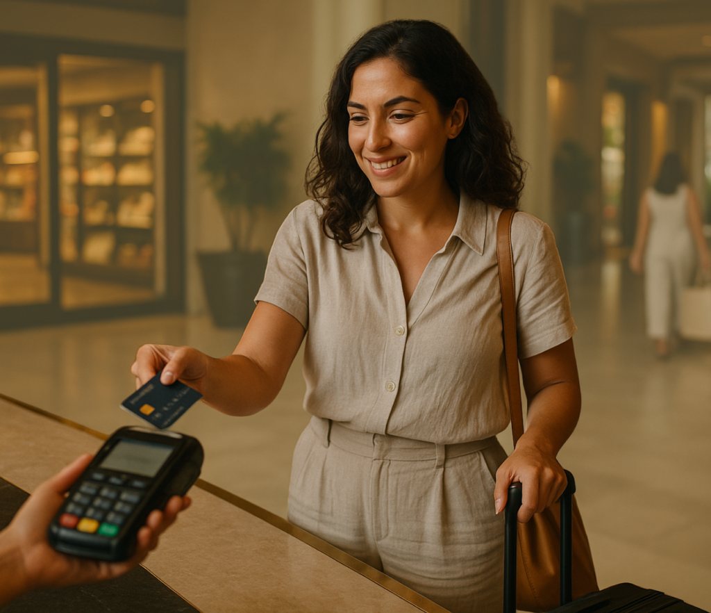 Woman tapping a payment card at a checkout counter while holding luggage.