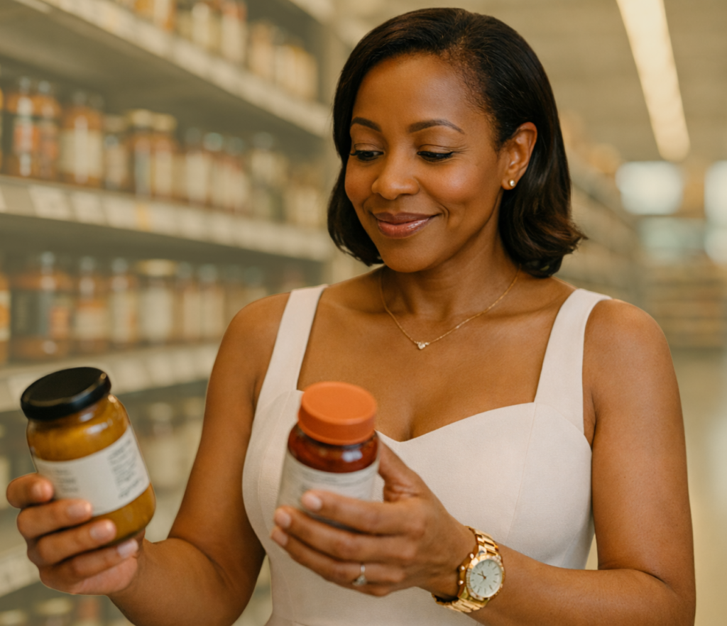 Woman comparing two jars while shopping in a store aisle.
