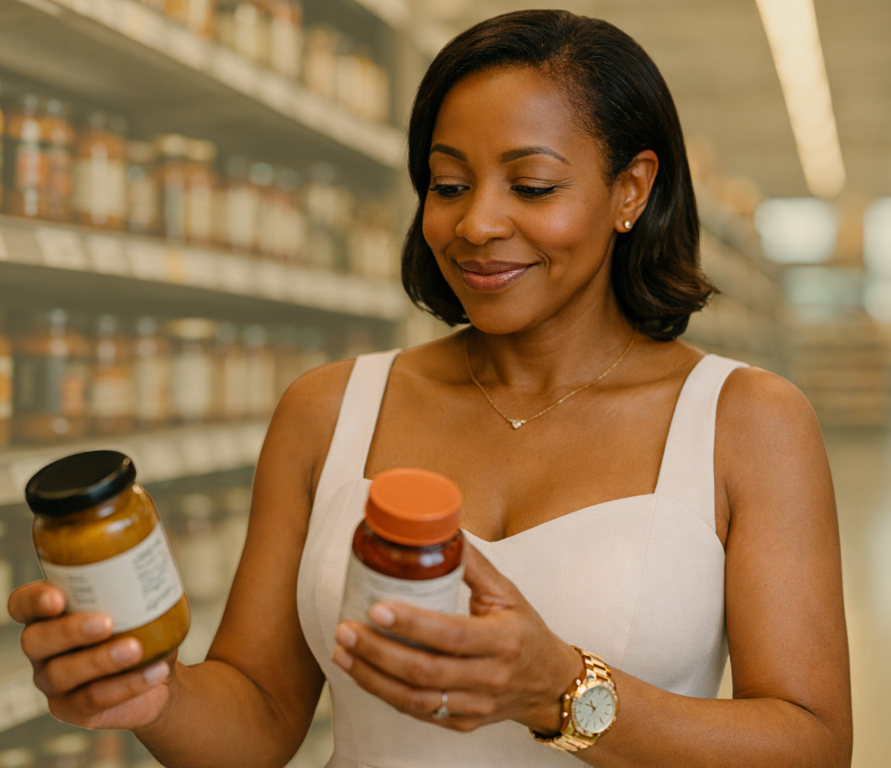 Woman comparing two jars while shopping in a store aisle.