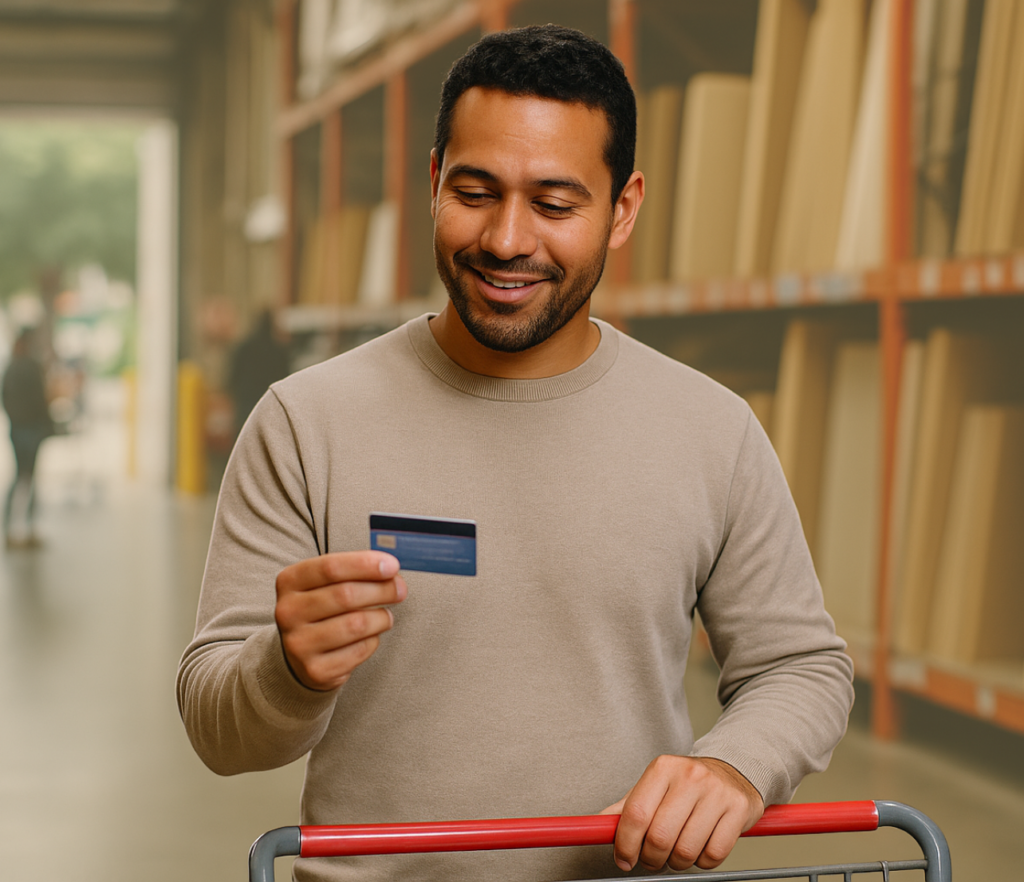 Man holding a payment card while standing with a shopping cart in a warehouse-style store.