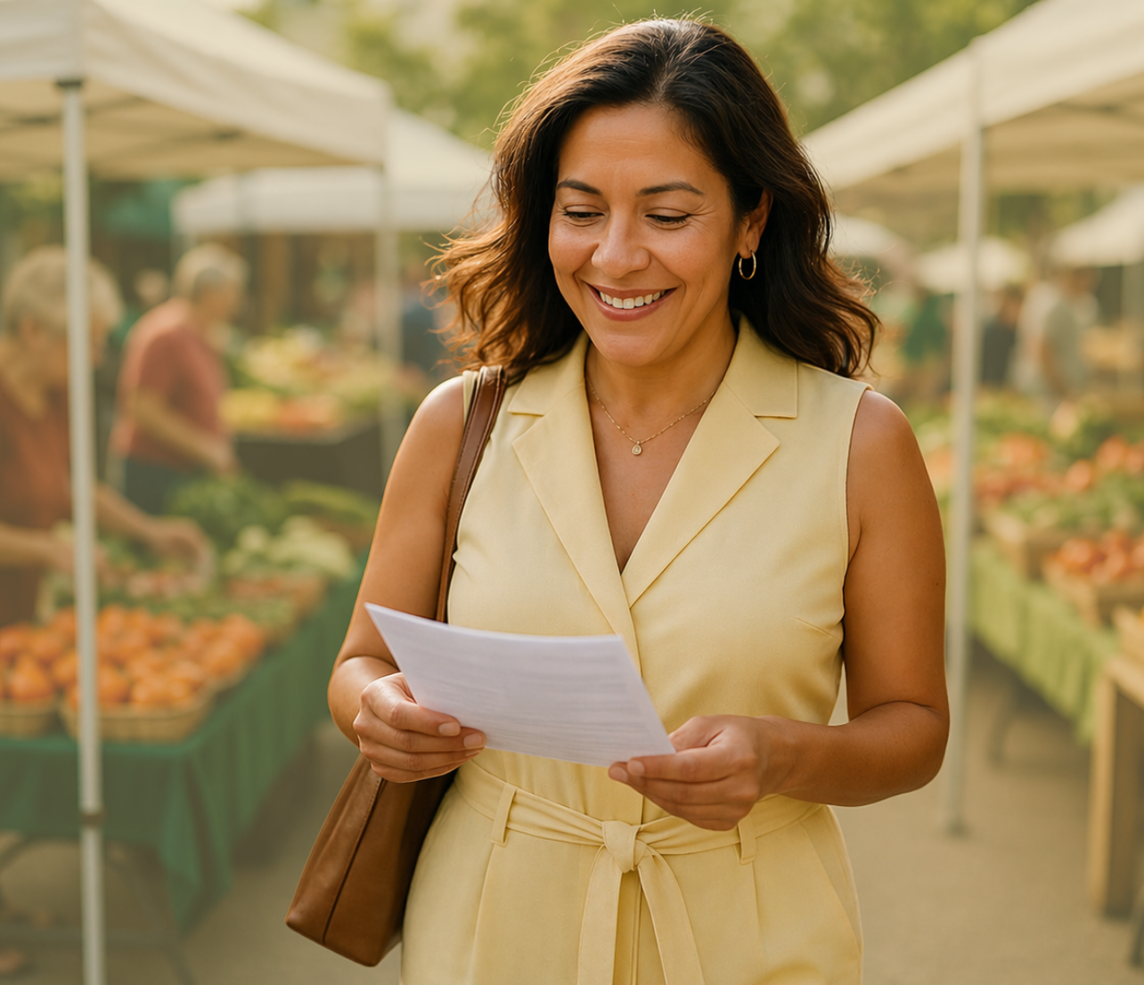 Woman reading a paper document at an outdoor market.