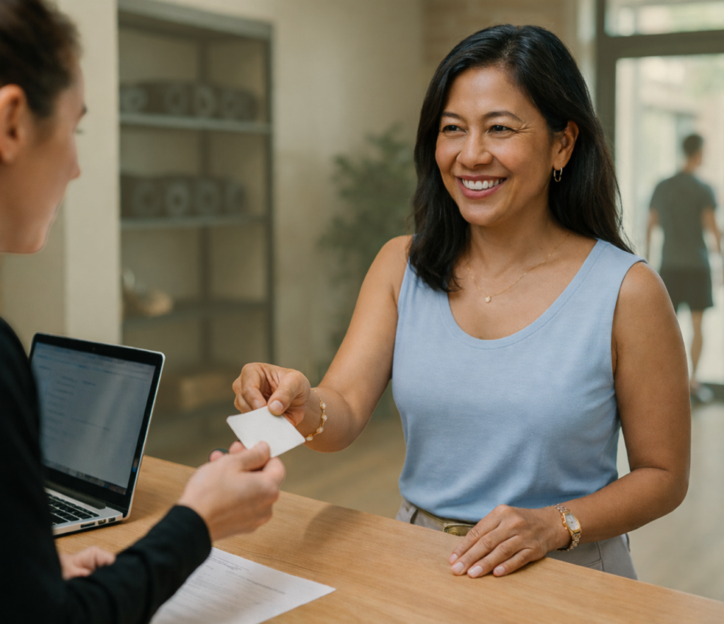 Woman handing over a card at a service counter beside an open laptop and paperwork.