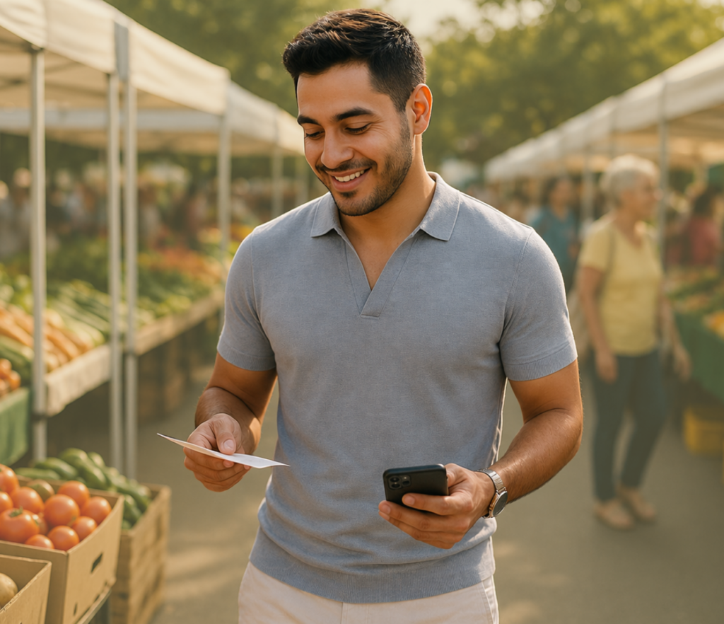 Man checking a paper while holding a phone at an outdoor market.