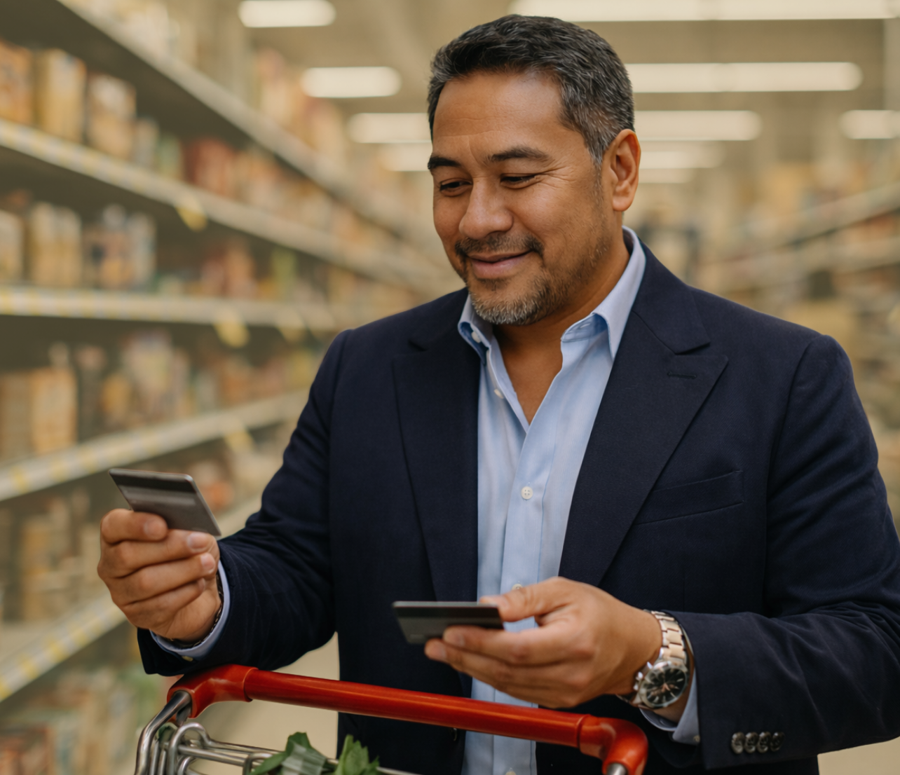 Man comparing two payment cards while standing with a grocery cart in a store aisle.