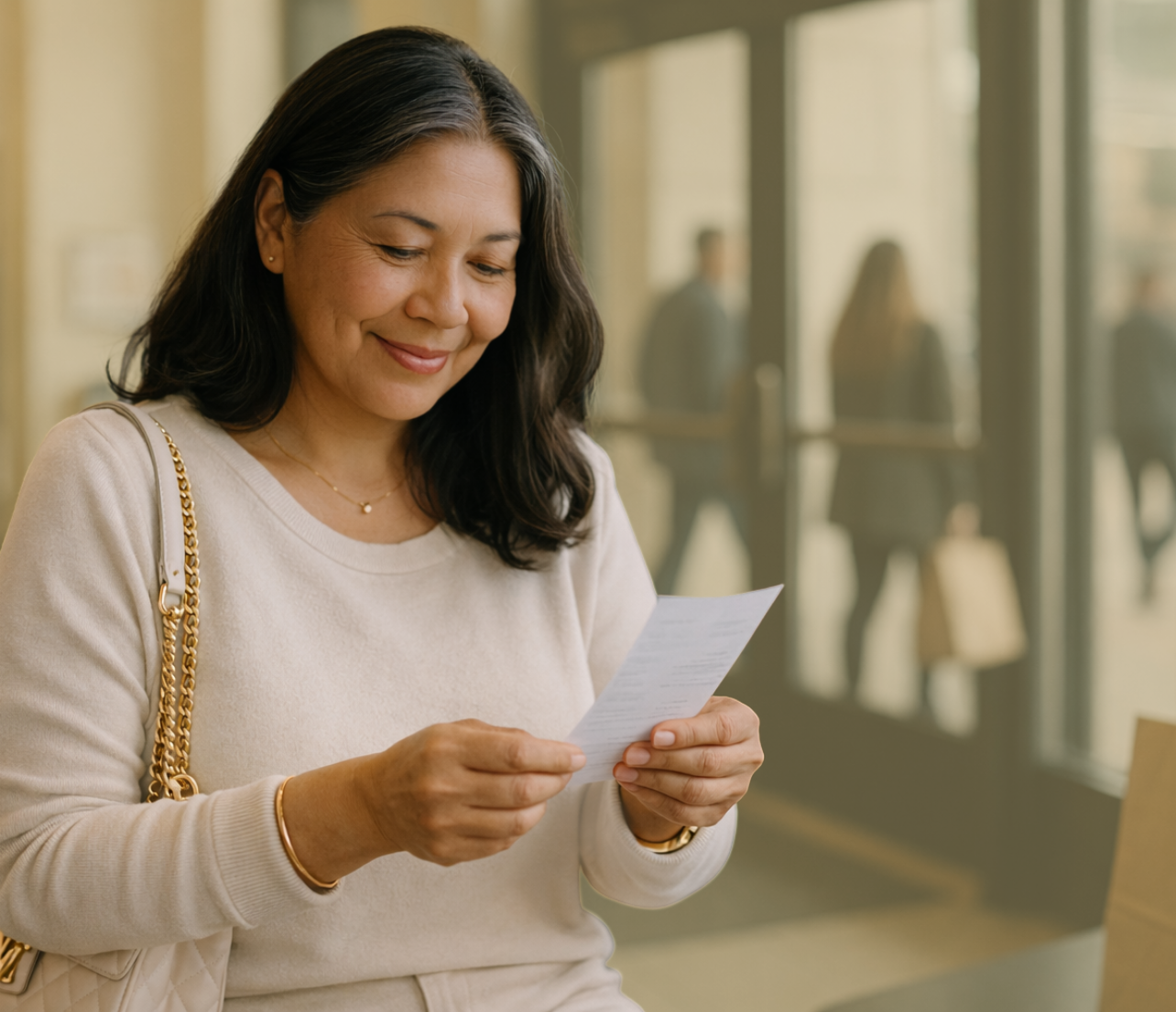 Woman reading a paper document indoors with people visible in the background.