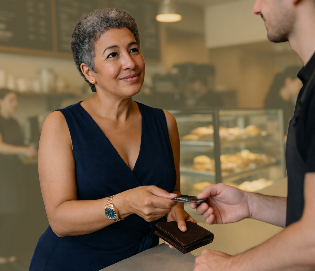 Woman handing over a payment card at a café counter while holding a wallet.