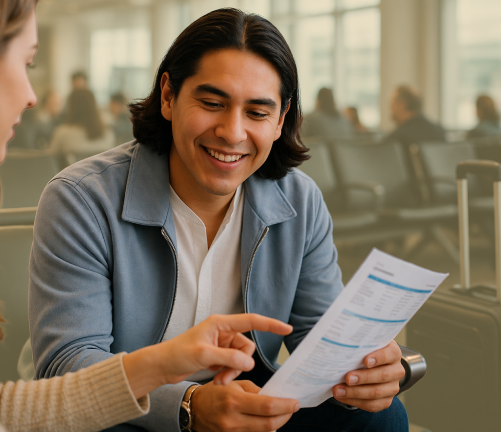 Man reviewing a paper report while another person points to a section in an airport seating area.