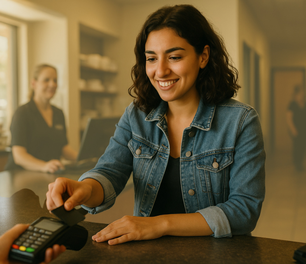 Woman holding a receipt and phone while smiling at a restaurant table.