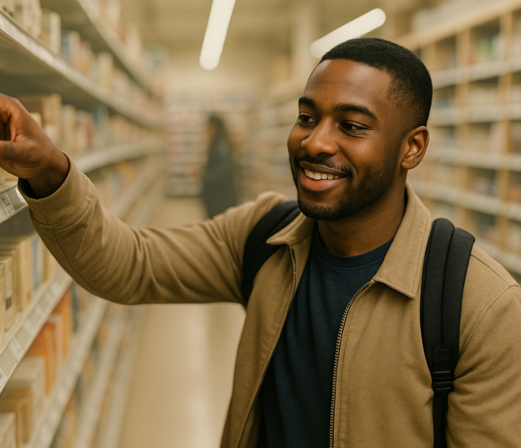 Man reaching toward a product shelf in a store aisle while wearing a backpack.
