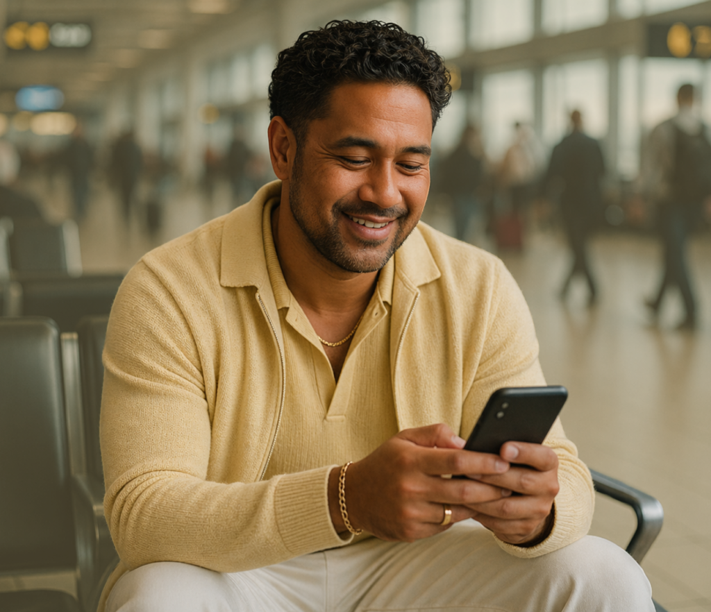 Man seated in an airport holding a phone and looking down with a calm expression.