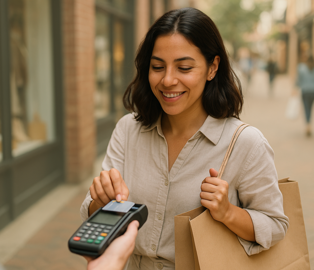 Woman tapping a payment card while carrying shopping bags on a city sidewalk.