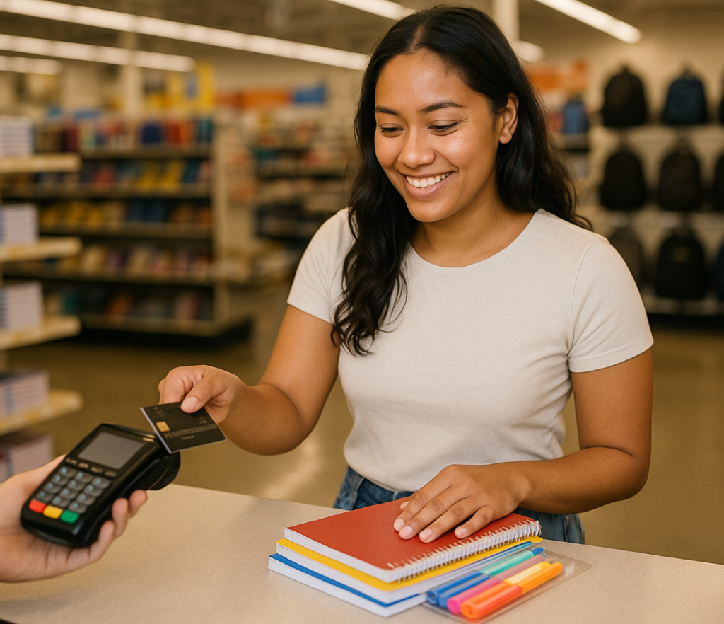 Woman paying for school supplies with a card at a store counter.