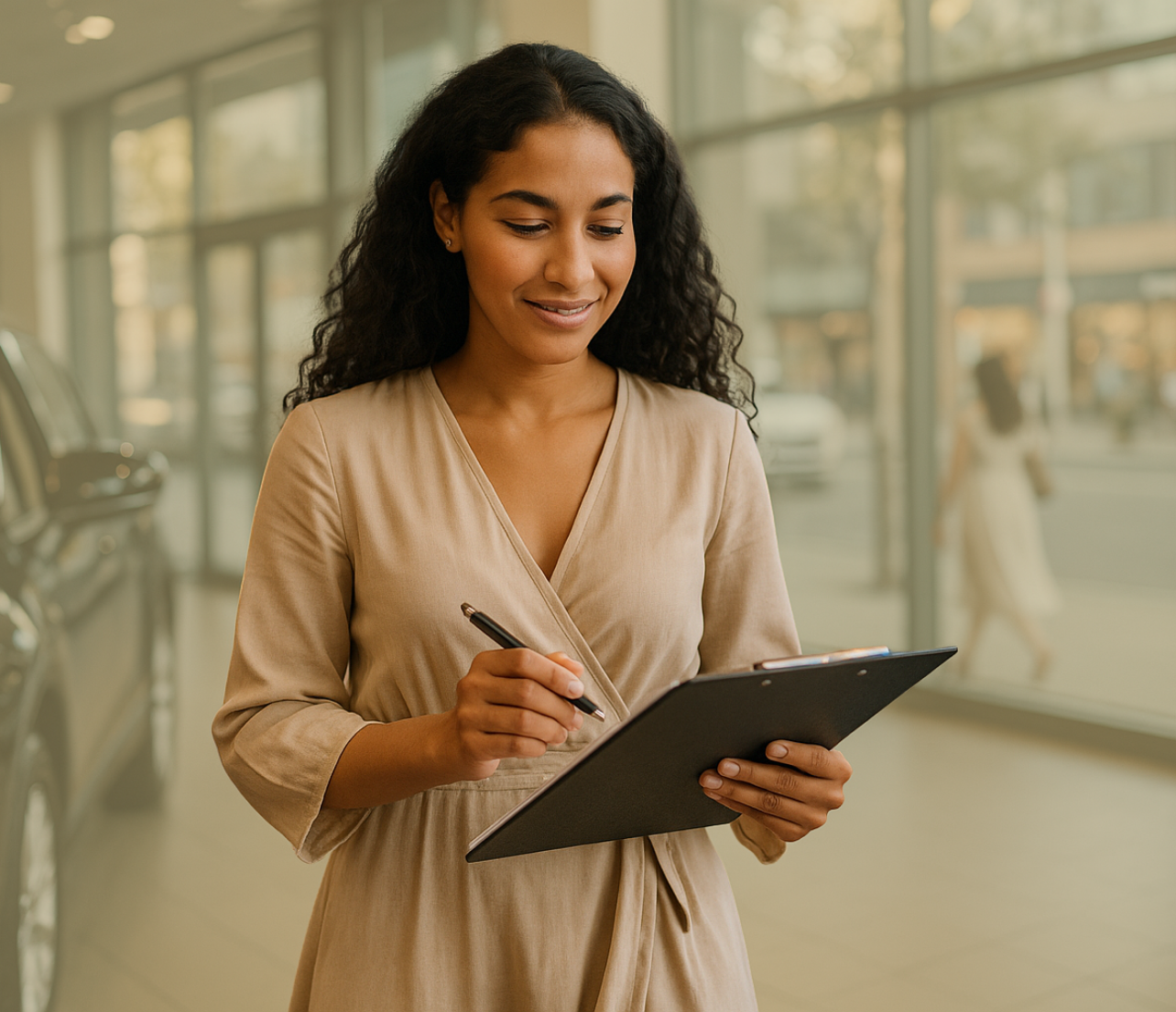 Woman holding a clipboard in a bright indoor setting near large windows.