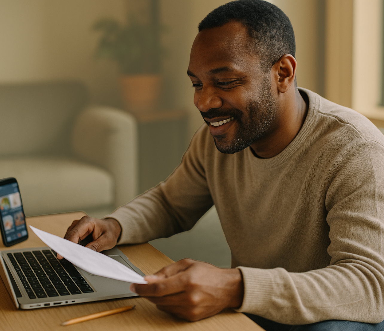 Man reviewing a document beside a laptop at a table.