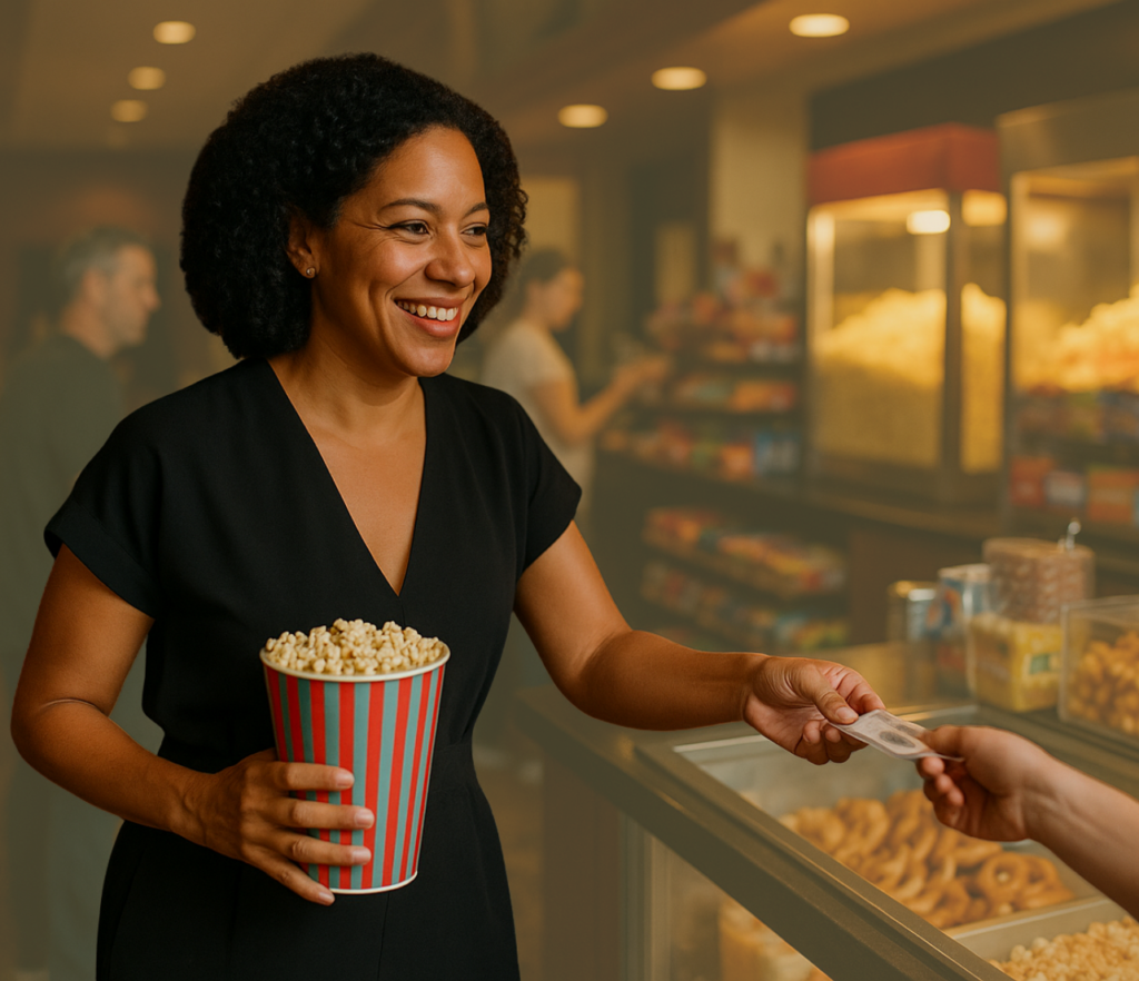 Woman buying popcorn at a concession counter while smiling and handing over payment.