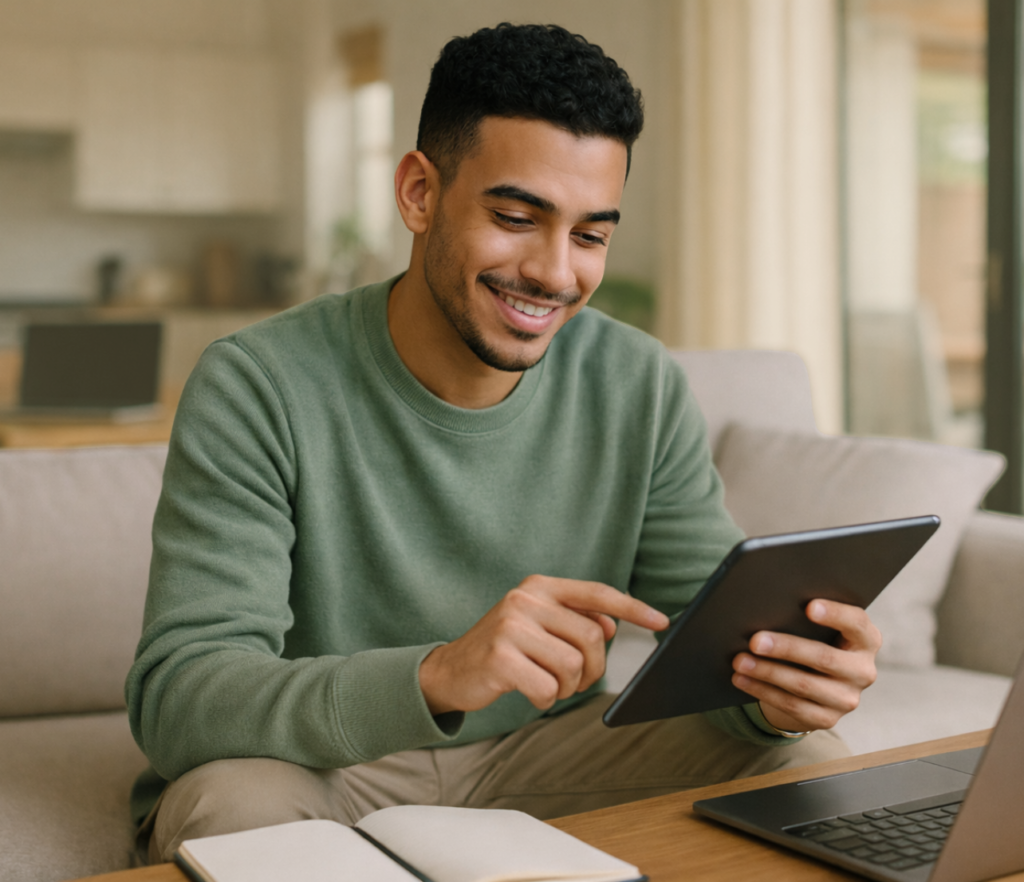 Man using a tablet at home beside a laptop and open notebook.