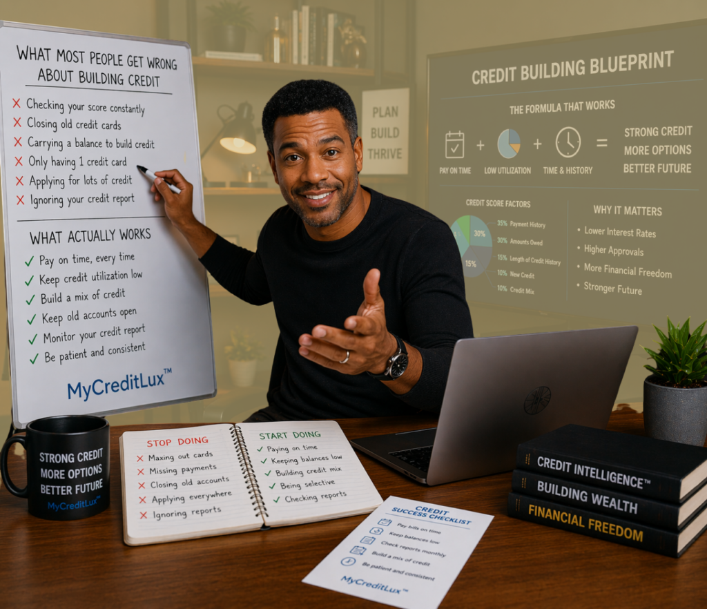 Man presenting a credit-building teaching board in an office beside a desk and laptop.