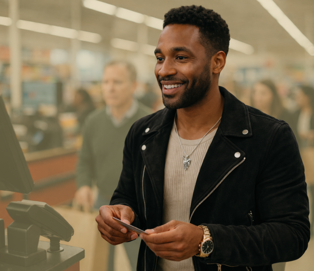 Smiling shopper holding a payment card at a checkout counter in a retail store.