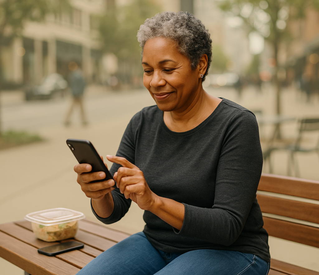 Older woman sitting on a bench and using her phone with a meal container beside her.