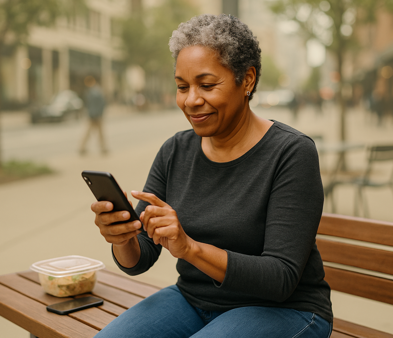 Older woman sitting on a bench and using her phone with a meal container beside her.