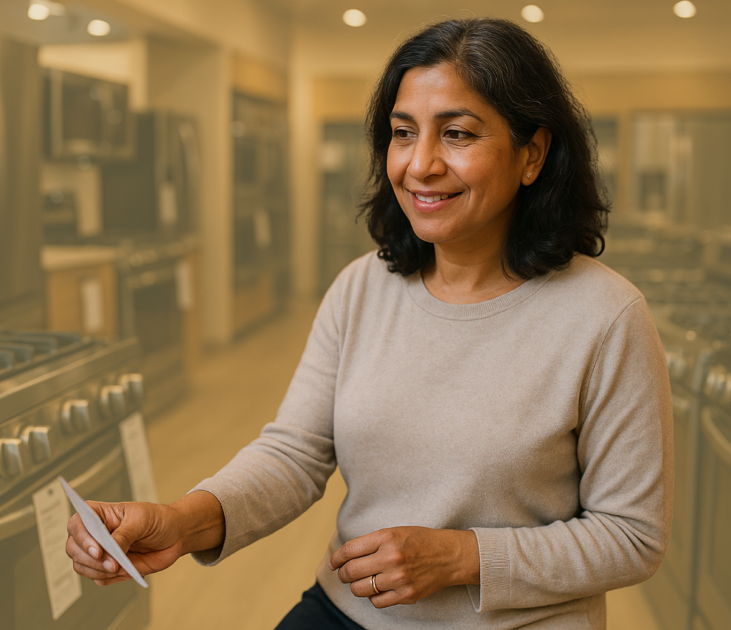 Woman in a store holding a receipt and shopping bag while reviewing a purchase.