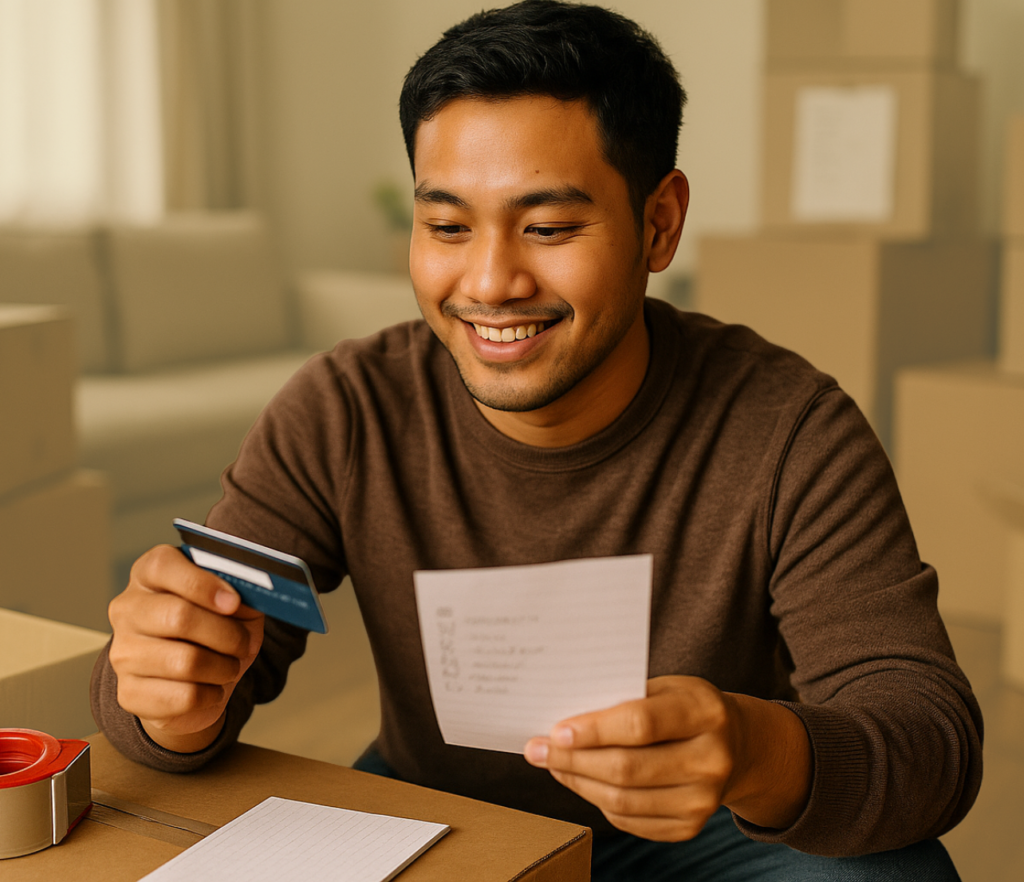 Man holding a credit card and paper note while seated indoors and reviewing account details.